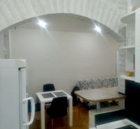 Küche in einer 2-Zimmer-Wohnung mit gewölbter Decke und Boden in Holzoptik.