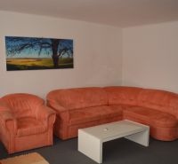 Ein orangefarbenes Sofa und ein Bild im Wohnzimmer eines Einfamilienhauses.