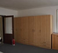 Izba v einem Einfamilienhaus mit braunen Schränken, einem Fenster und einer Tür.