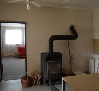 Innenraum eines Einfamilienhauses mit Kamin, Ventilator und rotem Sofa im Hintergrund.