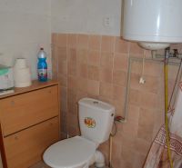 Badezimmer im Einfamilienhaus mit WC, Möbeln, Flasche und Wassererhitzer.