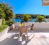 Eine Terrasse mit Meerblick in einer Ferienwohnung auf Brač, umgeben von Natur und Palmen.