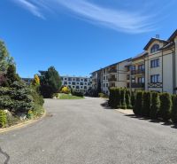 Das Grün in der Umgebung der Ferienapartments in Stará Lesná in der Hohen Tatra unter blauem Himmel.