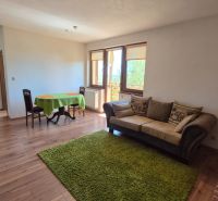 Wohnzimmer mit Sofa, Esstisch, Regal und Holzboden in einer Ferienwohnung.