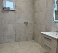 Badezimmer in einem Einfamilienhaus mit Fliesen, Spiegel und Dusche, barrierefreier Zugang.