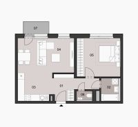 Grundriss einer 2-Zimmer-Wohnung mit Wohnzimmer, Küche, Schlafzimmer und Badezimmer.