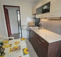 Eine Küche in einer 3-Zimmer-Wohnung mit Esstisch, Küchenzeile und einer Wand in Holzdekor.