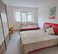 Schlafzimmer mit rotem Kopfteil und Holzboden in einer 3-Zimmer-Wohnung.