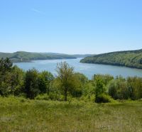 Blick von den Erholungsgrundstücken in Nová Kelča auf den von Wäldern umgebenen See.