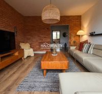 Wohnzimmer in einer 3-Zimmer-Wohnung mit Ziegelwand und Boden in Holzoptik.