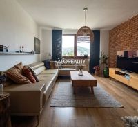 Wohnzimmer mit Ledersofa, Fernseher und Holzboden in einer 3-Zimmer-Wohnung.