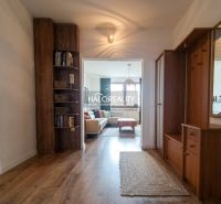 Eingangshalle in einer 3-Zimmer-Wohnung, Boden mit Holzdekor, Bücherregal, helles Wohnzimmer.