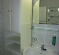 Badezimmer in einer 2-Zimmer-Wohnung mit Waschbecken, Spiegel und Schrank, ideal für Stauraum.