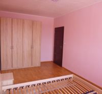 Ein Zimmer in einer 2-Zimmer-Wohnung mit rosa Wänden, einem Schrank und einem Boden in Holzoptik.