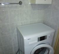 Kúpeľňa v 2-izbovom byte so zrkadlom, práčkou a úložnými skrinkami.

Badezimmer in einer 2-Zimmer-Wohnung mit Spiegel, Waschmaschine und Aufbewahrungsschränken.