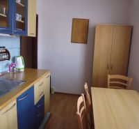 Küche in einer 2-Zimmer-Wohnung mit Holzboden, Esstisch und Regalen.