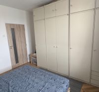 Ein Schlafzimmer mit einem Bett, einem Schrank und einem Boden mit Holzdekor in einer 2-Zimmer-Wohnung.