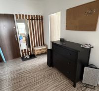 Der Flur in einer 2-Zimmer-Wohnung mit einem Boden in Holzoptik, einem Spiegel und einer schwarzen Kommode.