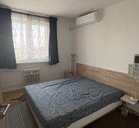 Schlafzimmer in einer 2-Zimmer-Wohnung mit Teppichen auf dem Boden mit Holzdekor.