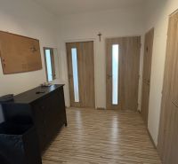 Ein Flur mit Holztüren und einer Kommode in einer 2-Zimmer-Wohnung, Boden mit Holzdekor.