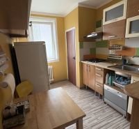 Küche einer 2-Zimmer-Wohnung, ausgestattet mit einer Küchenzeile und einem Boden in Holzoptik.