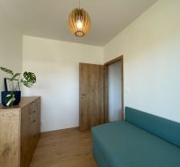 Ein Zimmer in einer 2-Zimmer-Wohnung mit einem Boden in Holzoptik und einem grünen Sofa.