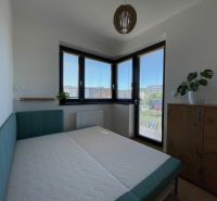 Schlafzimmer in einer 2-Zimmer-Wohnung mit Bett und Holzkommode, der Raum ist hell.