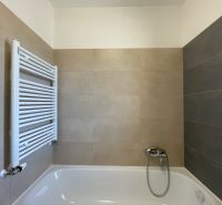 Badezimmer in einer 2-Zimmer-Wohnung mit Badewanne und kombinierten beige-grauen Fliesen.