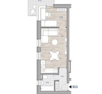 Grundriss einer 2-Zimmer-Wohnung mit Holzboden und Balkon.