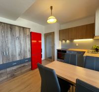 Küche in einer 2-Zimmer-Wohnung mit Schränken in Holzoptik und einem roten Kühlschrank.