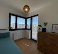 Ein Zimmer in einer 2-Zimmer-Wohnung mit einem Bett, einer Kommode und einem Boden in Holzoptik.