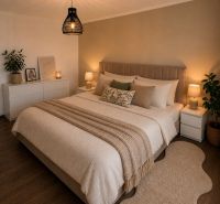 Gemütliches Schlafzimmer in einem Einfamilienhaus mit Holzboden, sanfter Beleuchtung und Dekorationen.