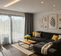 Wohnzimmer eines Einfamilienhauses mit Sofa, dekorativen Bildern und Bodenbelag in Holzoptik.