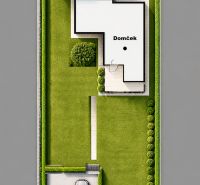 Garten eines Einfamilienhauses in Podkerepušky, Bratislava - Záhorská Bystrica, mit Parkplätzen und Gehweg.