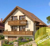 Ein Einfamilienhaus in Radvaň nad Dunajom mit Holzelementen und einem Garten in blühenden Farben.