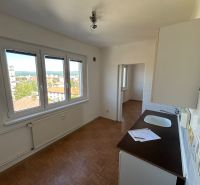 Küche in einer 2-Zimmer-Wohnung mit hellen Wänden und einem Boden in Holzoptik.