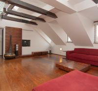 Ein Loft-Wohnbereich in einer 3-Zimmer-Wohnung mit einem roten Sofa und einem Boden in Holzoptik.