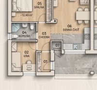 Grundriss eines Einfamilienhauses mit einem Zimmer, einem Badezimmer und einem Wohnbereich. Holzboden-Dekor.