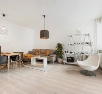 Wohnzimmer in einer Zweizimmerwohnung mit hellem Boden in Holzoptik, modernen Möbeln und Dekorationen.