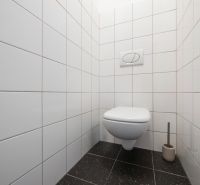 Toilette mit weißen Fliesen und schwarzem Boden in einer Zweizimmerwohnung.