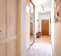 Der Flur in der 3-Zimmer-Wohnung mit einem Holzboden und einem Spiegelschrank.