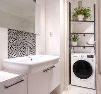 Badezimmer in einer 3-Zimmer-Wohnung mit Waschbecken, Waschmaschine und Pflanze auf dem Regal.
