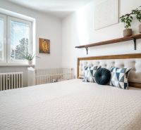 Helles Schlafzimmer mit Bett, dekorativen Kissen, Pflanzen und Fenster in einer 3-Zimmer-Wohnung.