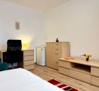 Innenraum einer Einzimmerwohnung mit Möbeln und Boden in Holzoptik.