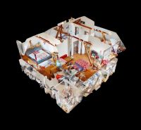 3D-Grundriss eines Einfamilienhauses mit drei Schlafzimmern und einem Boden in Holzoptik.