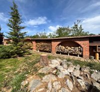 Der Garten des Einfamilienhauses in Veľké Chlievany mit einem Holzschuppen und Nadelbäumen.