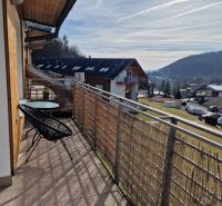 Blick vom Balkon einer 3-Zimmer-Wohnung im Pustá dolina in Prešov mit einem Geländer aus Weidengeflecht.