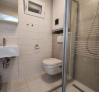 Badezimmer im Einfamilienhaus mit Waschbecken, Duschkabine und Hänge-WC.