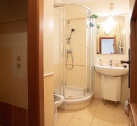 Badezimmer mit einer Eckdusche und einem Waschbecken in einem Einfamilienhaus.