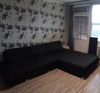 Wohnzimmer in einer 2-Zimmer-Wohnung mit einer Blumentapete und einem Holzboden.
